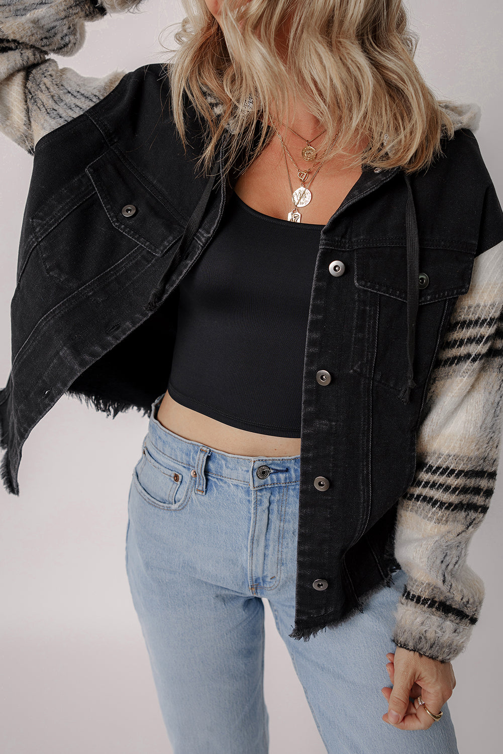 Denim Jacket with Plaid-Patterned Sleeve Frayed Hem Hooded