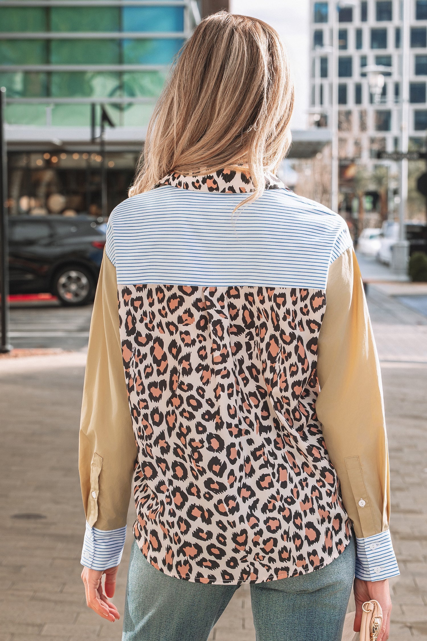 Patchwork Colorblock Leopard Chest Pocket Cuffed Sleeve Shirt