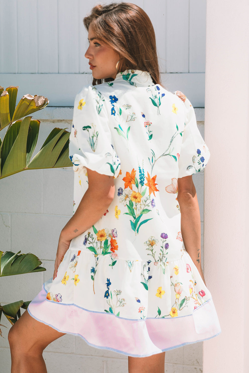 Floral Print Contrast Striped Puff Sleeve Dress
