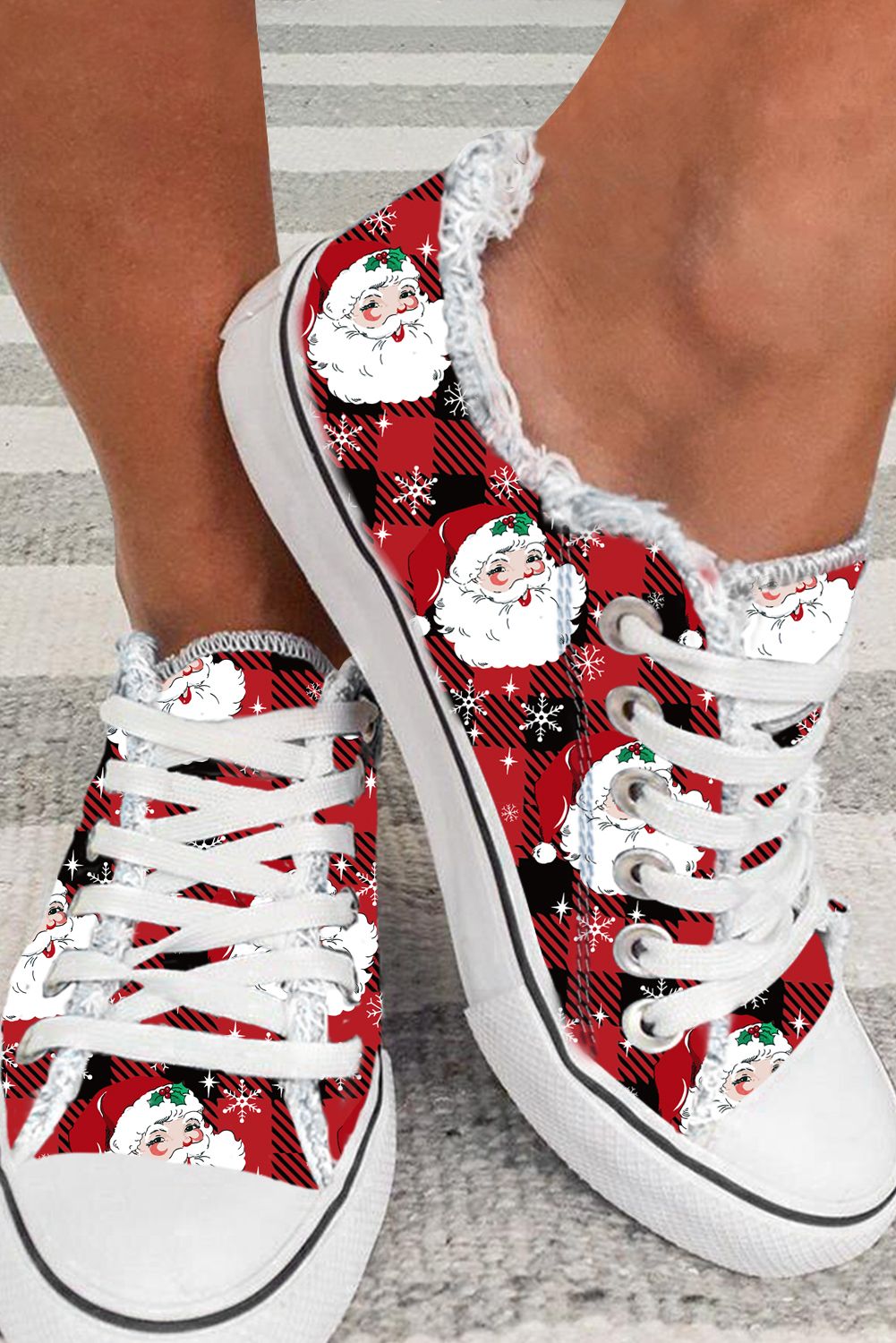 Buffalo Claus Plaid Santa Print Flat Canvas Shoes