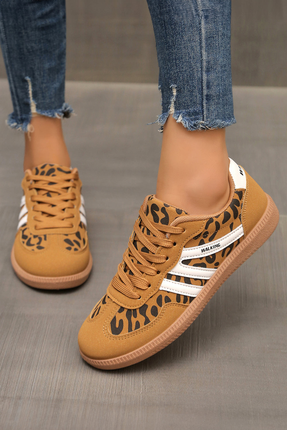 Leather Leopard PU Leopard Patchwork Contrast Detail Lace-up Shoes