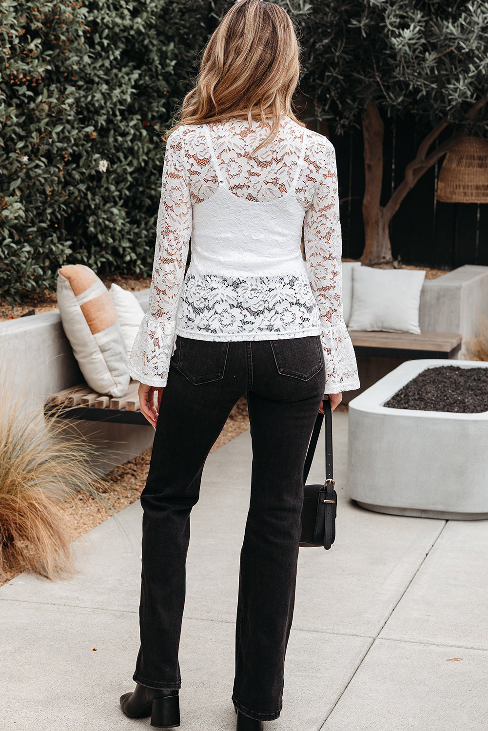 Lace Crochet Bell Sleeve Mock-Neck Blouse