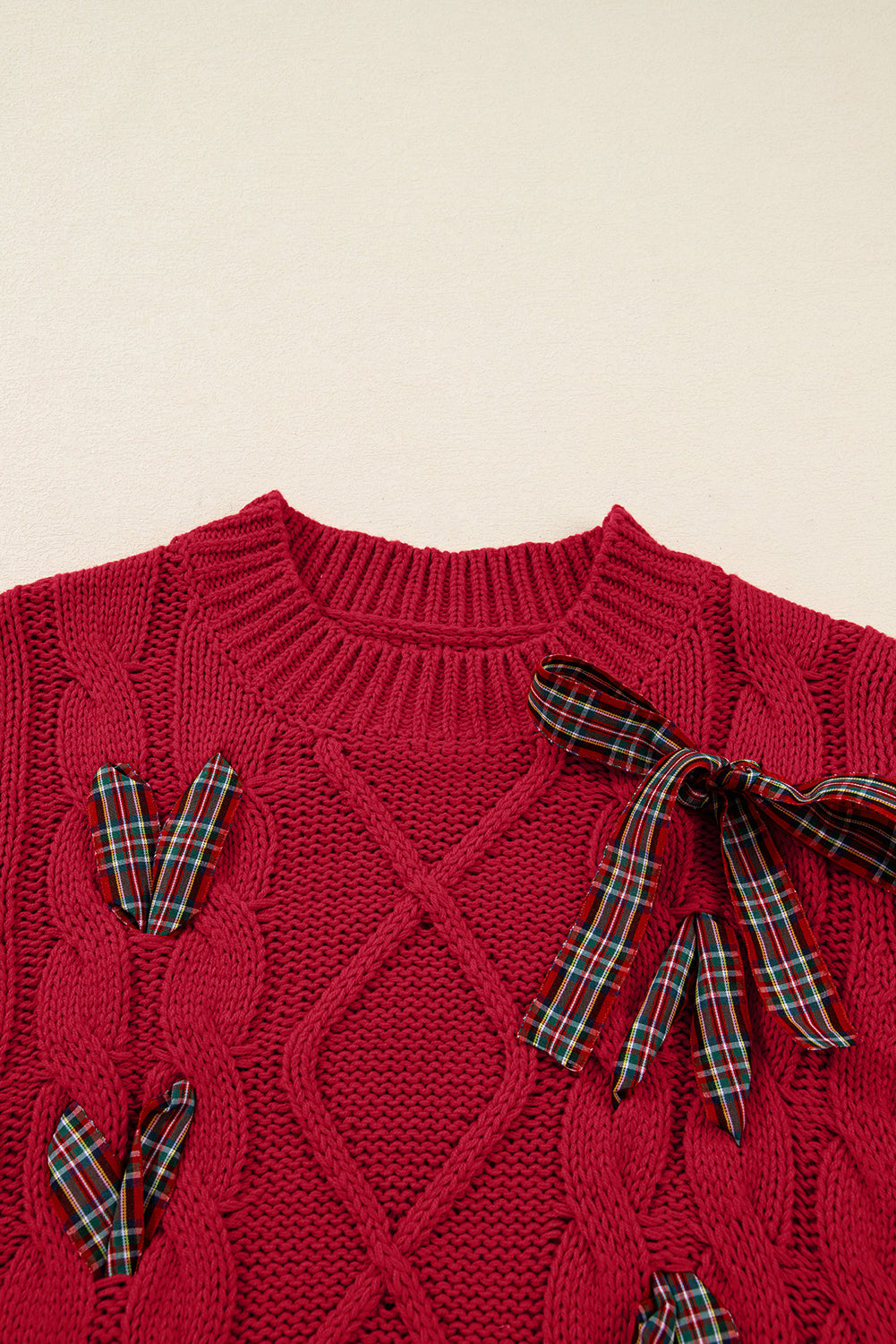 up Plaid Lace Detail Christmas Holiday Puff Short-Sleeved Knit Top