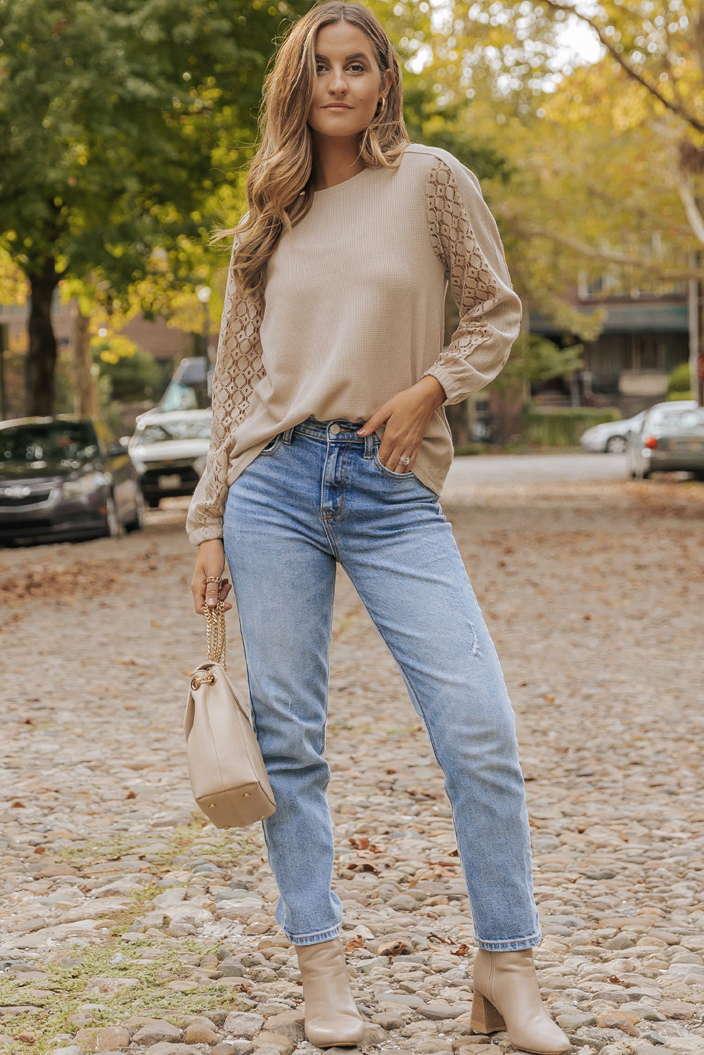 Women's Knit Top with Lace-Trimmed Patch Sleeve Waffle