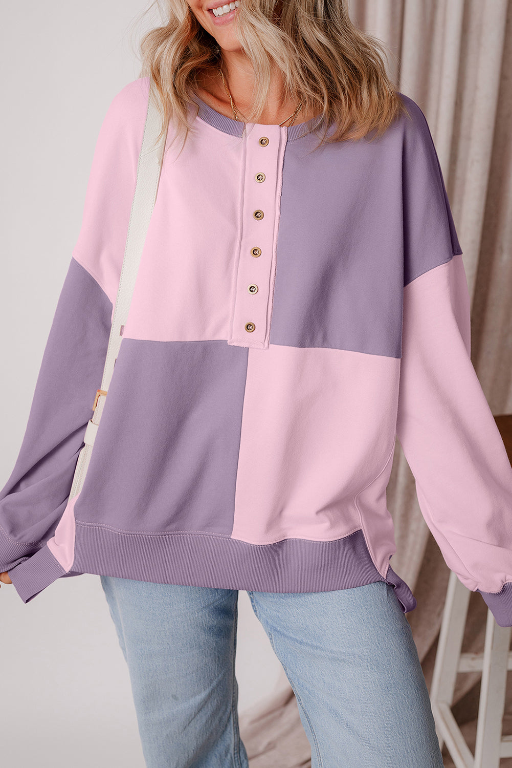 Colorblock Henley High Low Oversize Sweatshirt Style