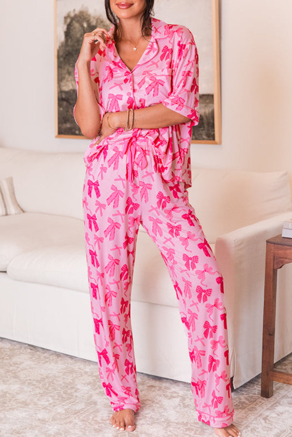 Bow Lapel Knot Print Collar Short-Sleeved and Pants Pajamas Set