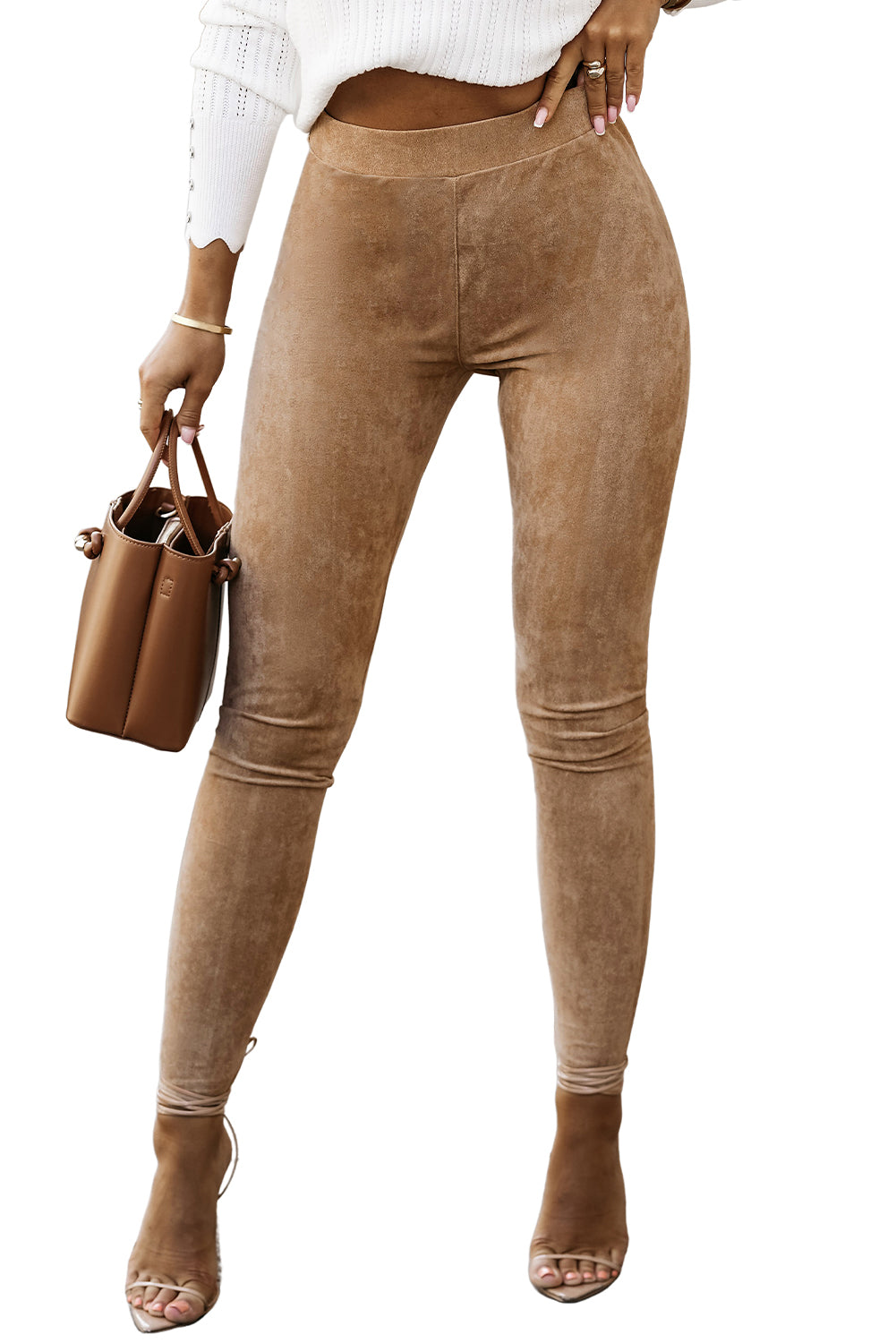 Women's Leggings with High-Rise Faux Suede Khaki Slim-Fit