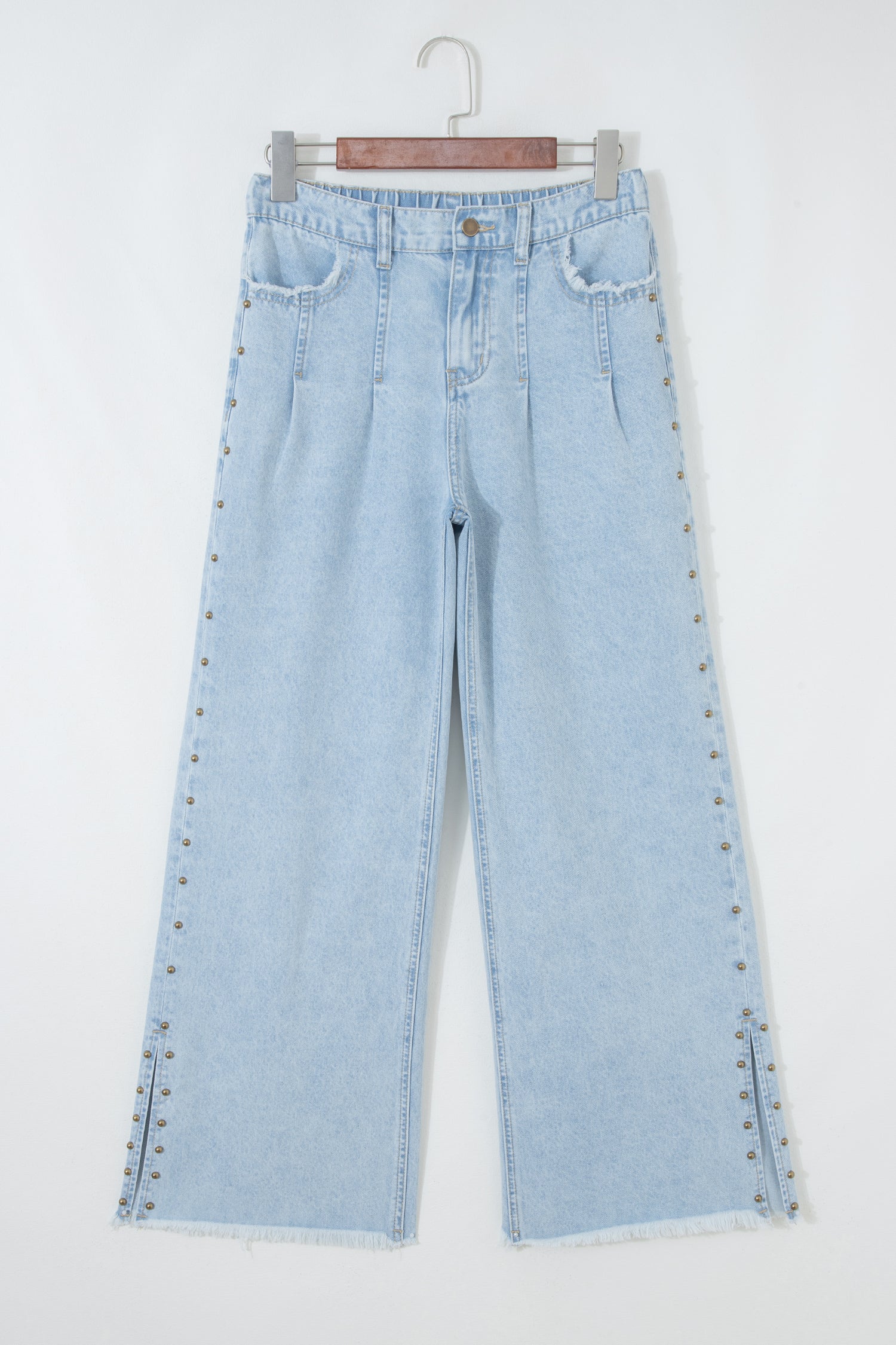Studded Side Slit Leg Frayed Pocket-Detail Wide-Leg Jeans in Beau Blue