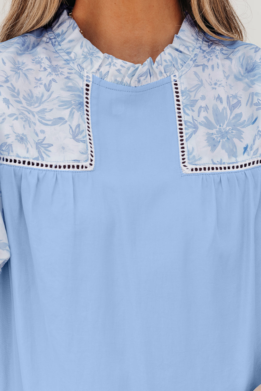 Floral Lace Insert Puff Sleeve Patchwork Loose Blouse