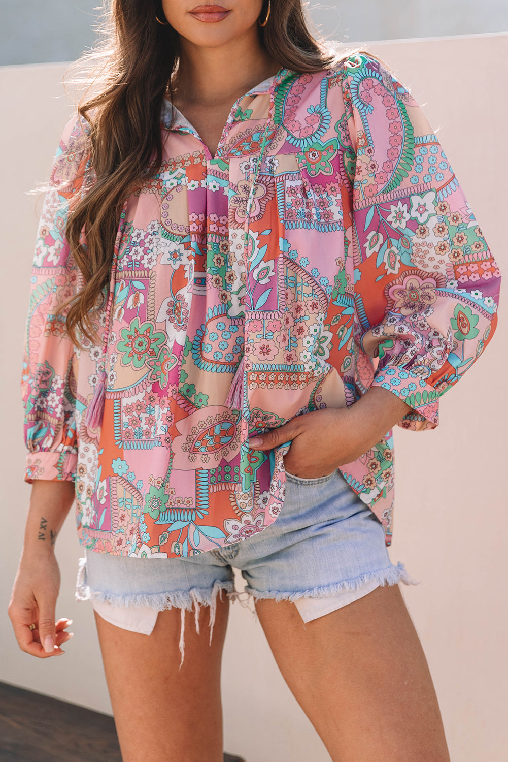 Floral Bubble Boho Bubble Sleeve Tassel Tied Neck Pleated Blouse