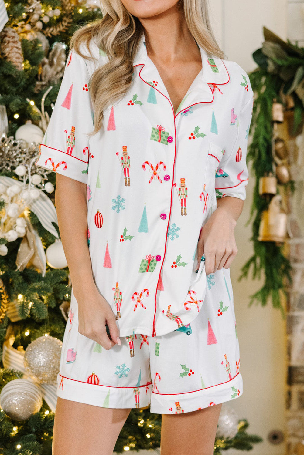 Christmas Print Short-Sleeved Shirt and Shorts Pajama Set