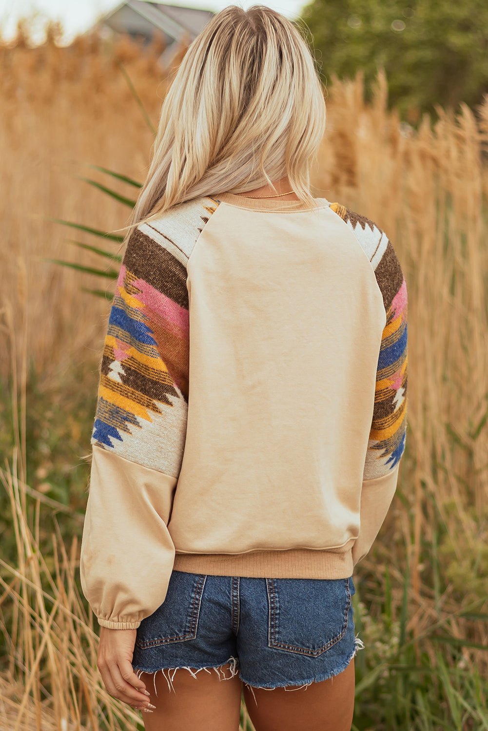 Aztec Patchwork Raglan Pullover Sweatshirt