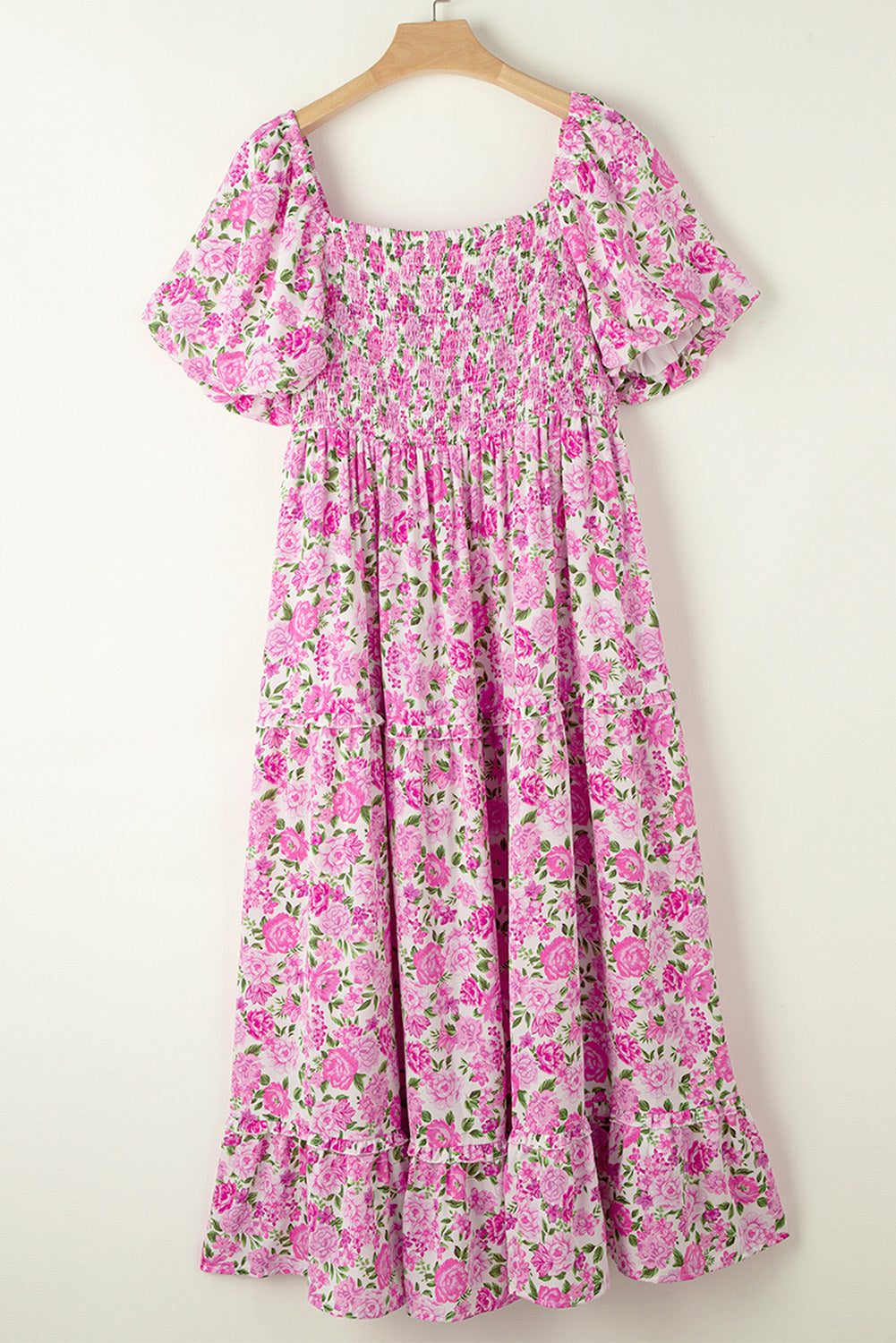 Robe Smockée à Manches Bouffantes et Imprimé Floral de Grande Taille