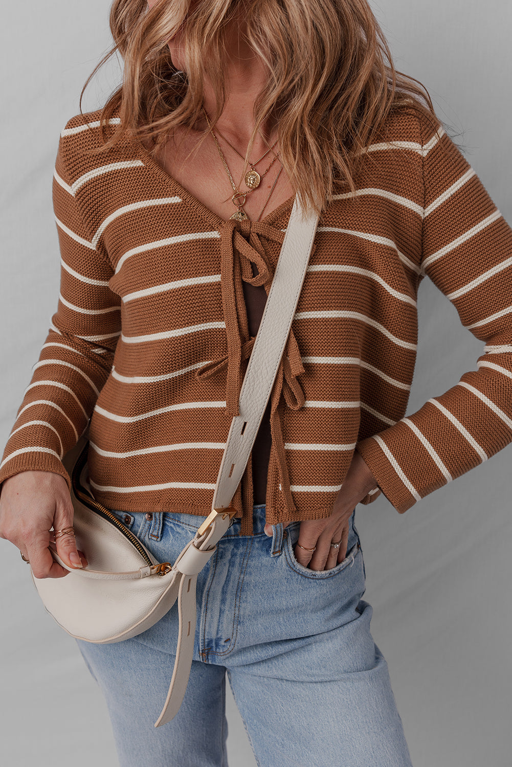 Front Striped Tie Striped Knit V-Neck Cardigan Knit Top