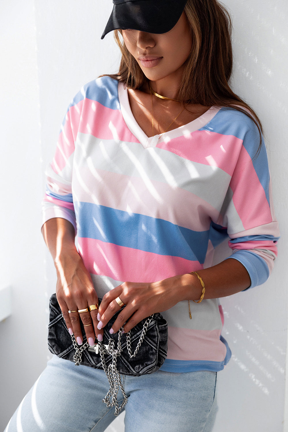 Women's Top with Striped V Neck Long-Sleeve
