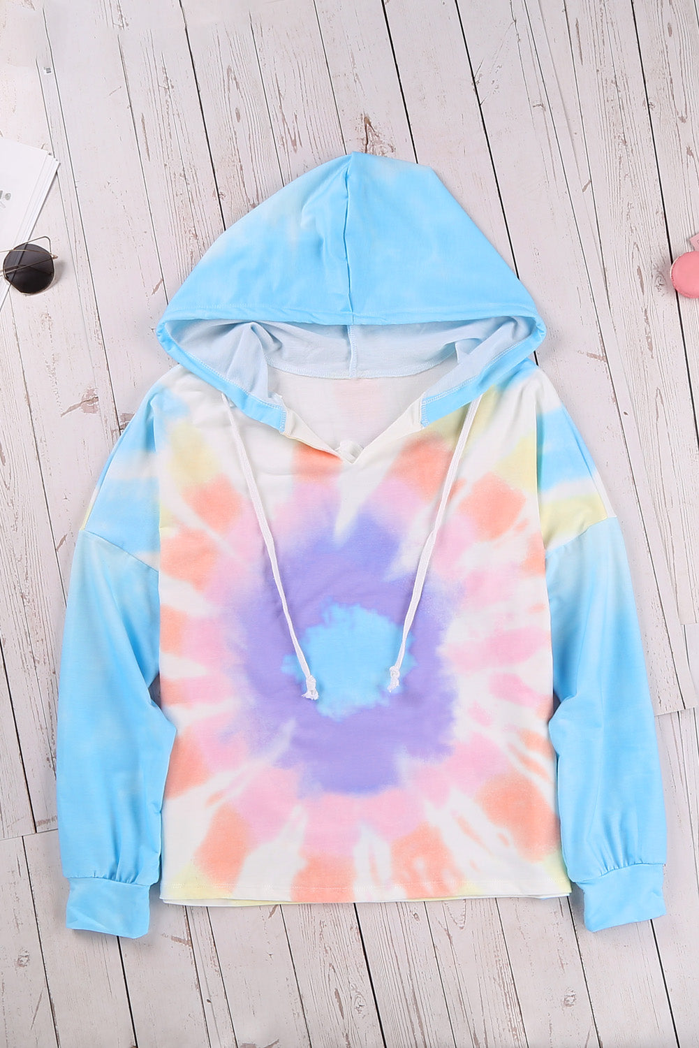 Women's Hoodie with The Sun Cotton Blend Tie Dye Fashion Sky Blue Color-Block