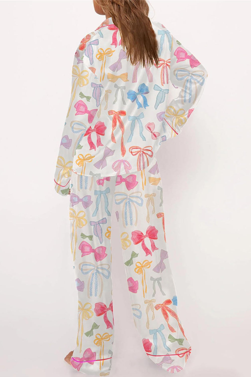 Bow Knot Print Lapel Collar Wide-Leg Satin Pajama Set