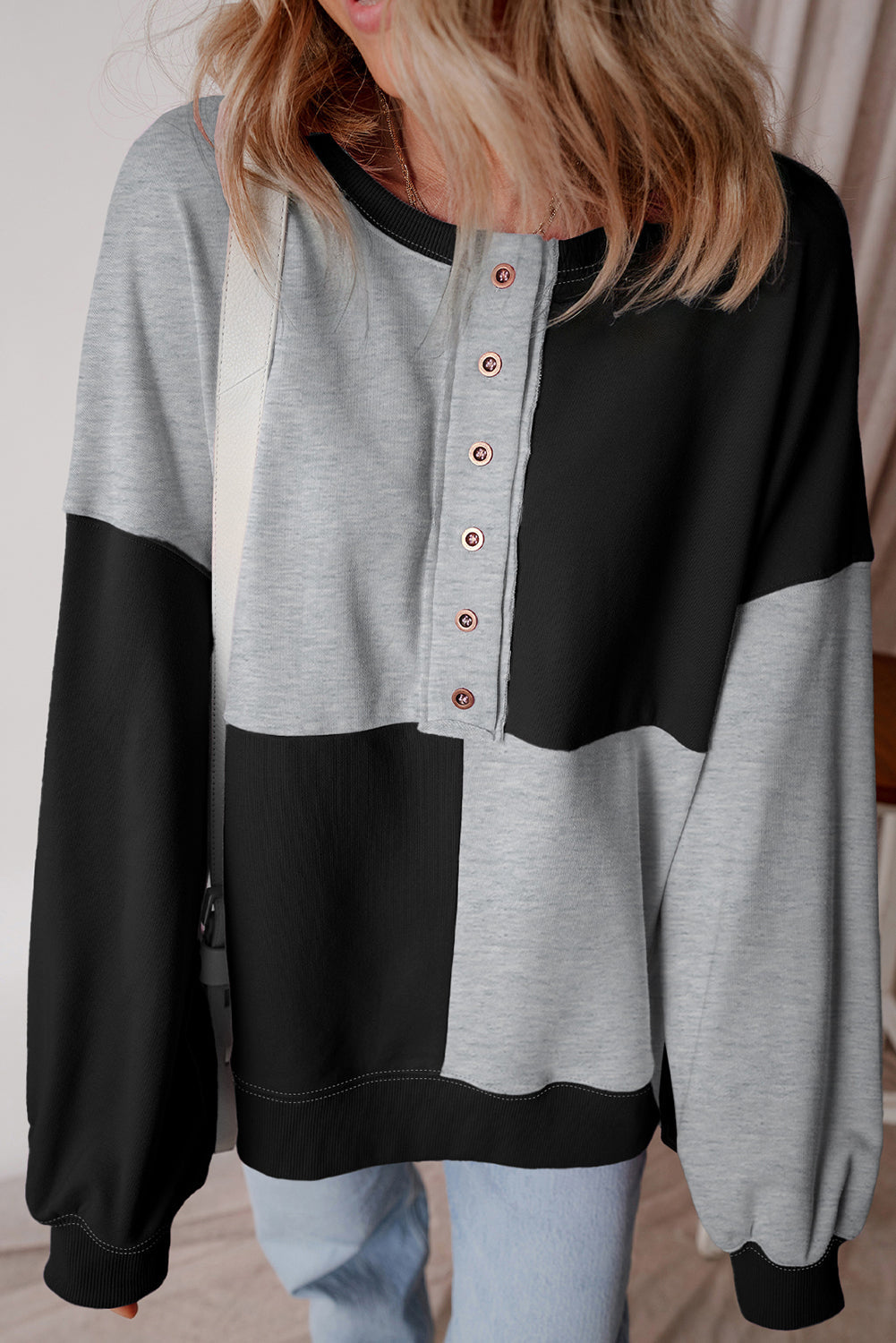 Colorblock Henley High Low Oversize Sweatshirt