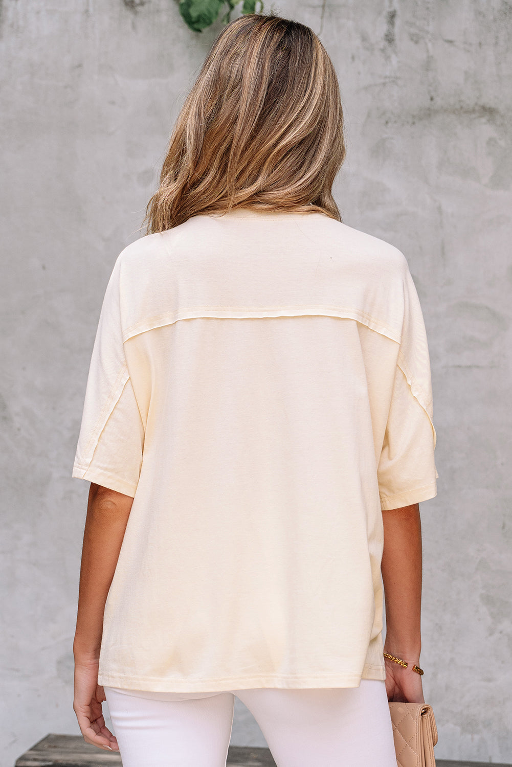 Exposed Flower Patched Stitching Trim Crew-Neck Loose Tee Style