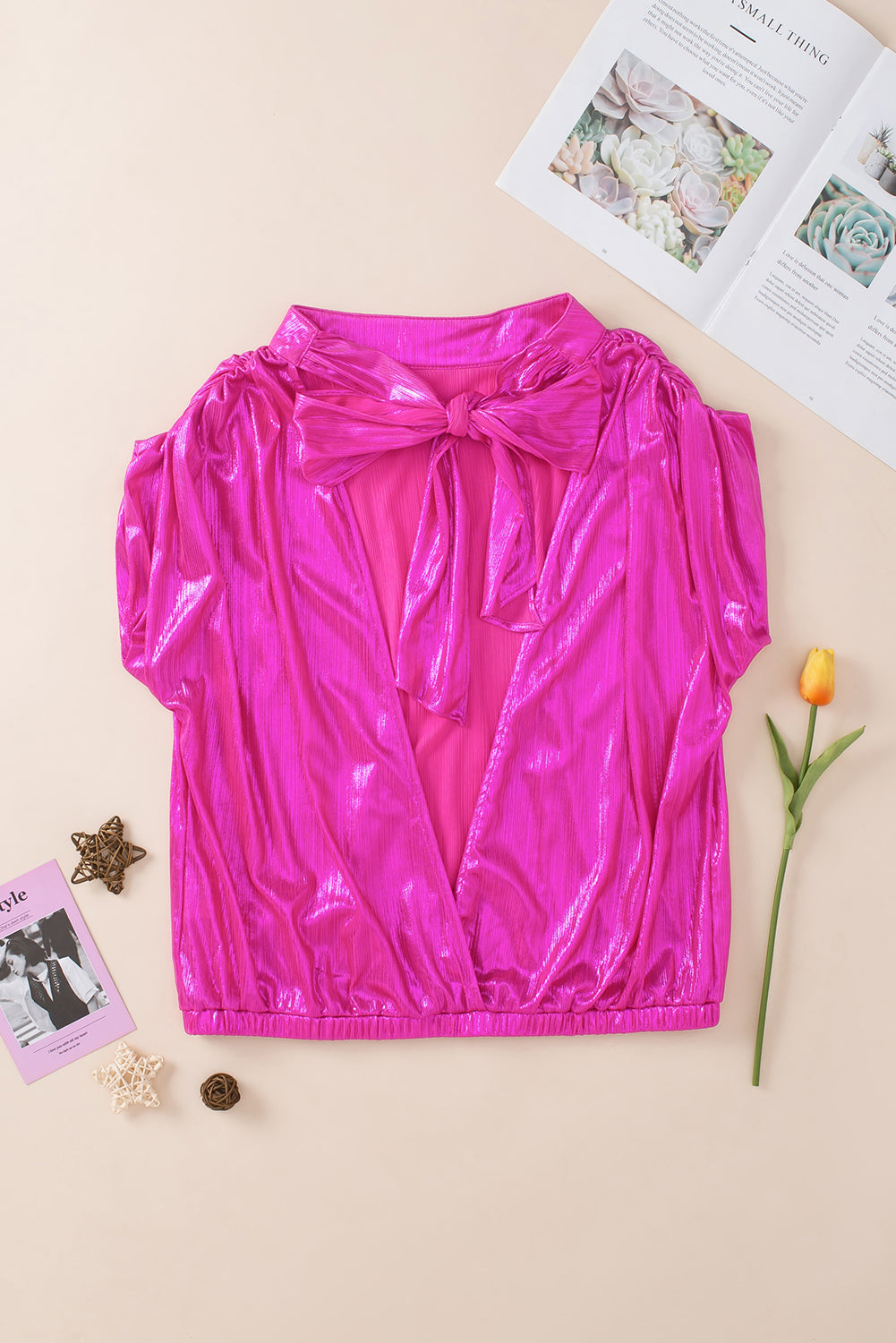 Women's Ruched Sleeves Knotted Open-Back Blouse