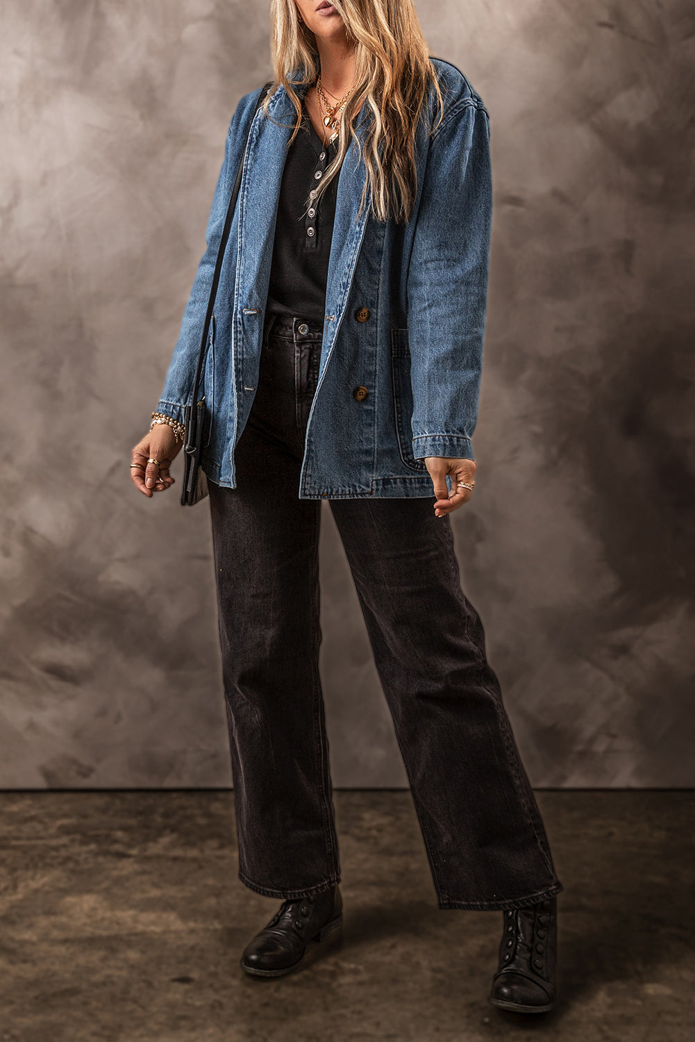 Denim Jacket with Side Pockets Lapel Collar