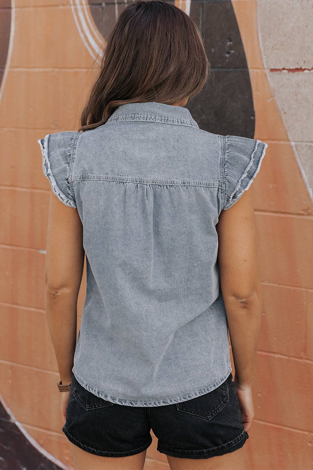 Women's Shirt Featuring Denim Frayed Ruffle-Trimmed Sleeve