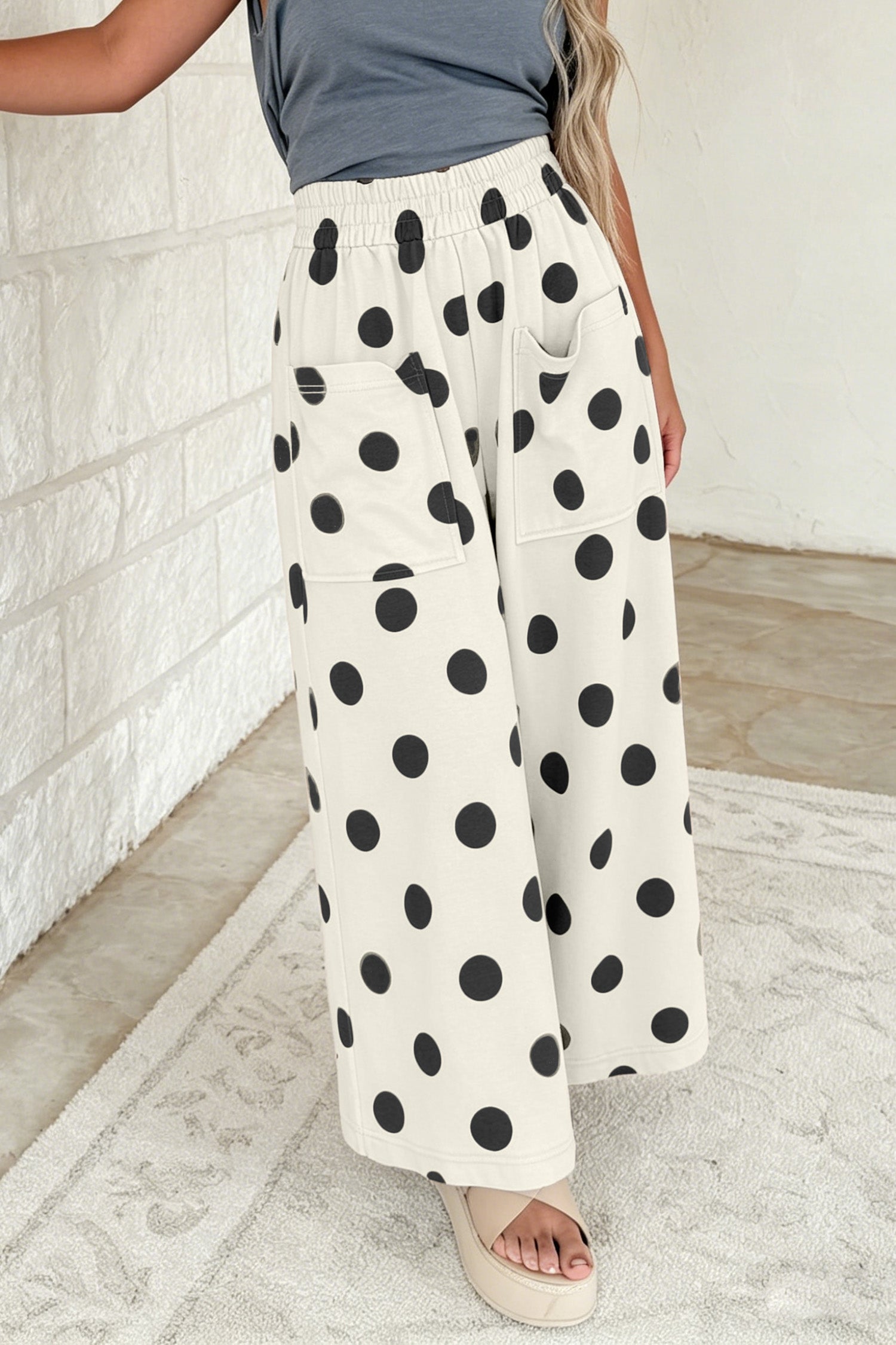 Elastic Polka-Dot Wide-Leg Waist Everyday Pants in Beige