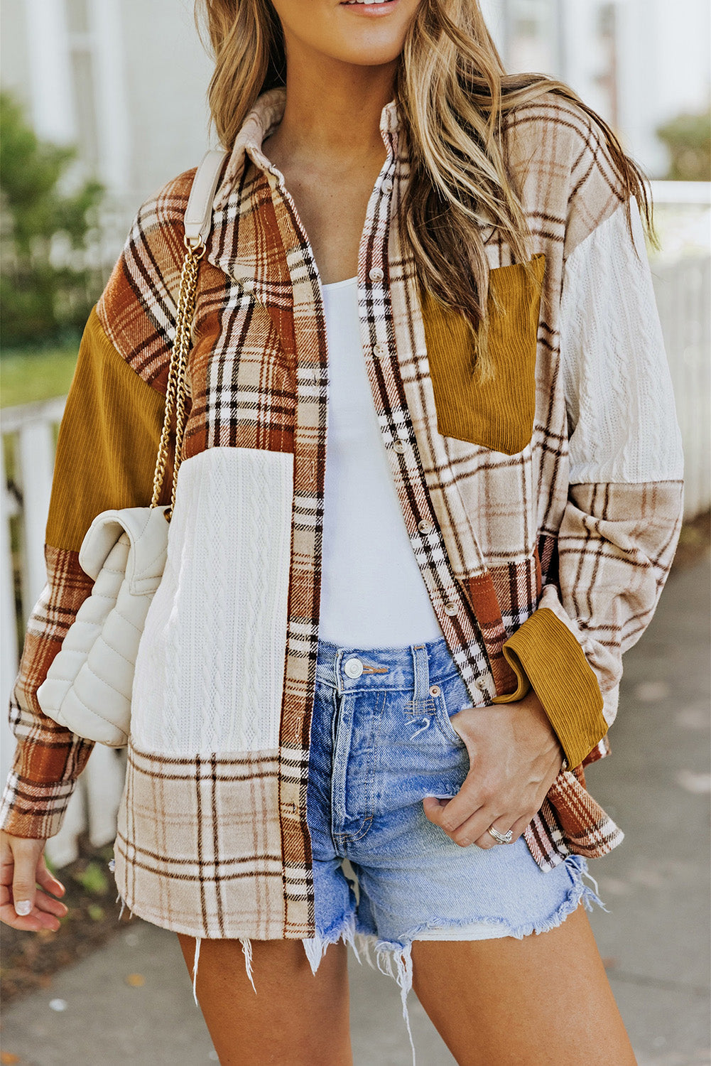 Veste chemise patchwork orange à carreaux color block avec poche