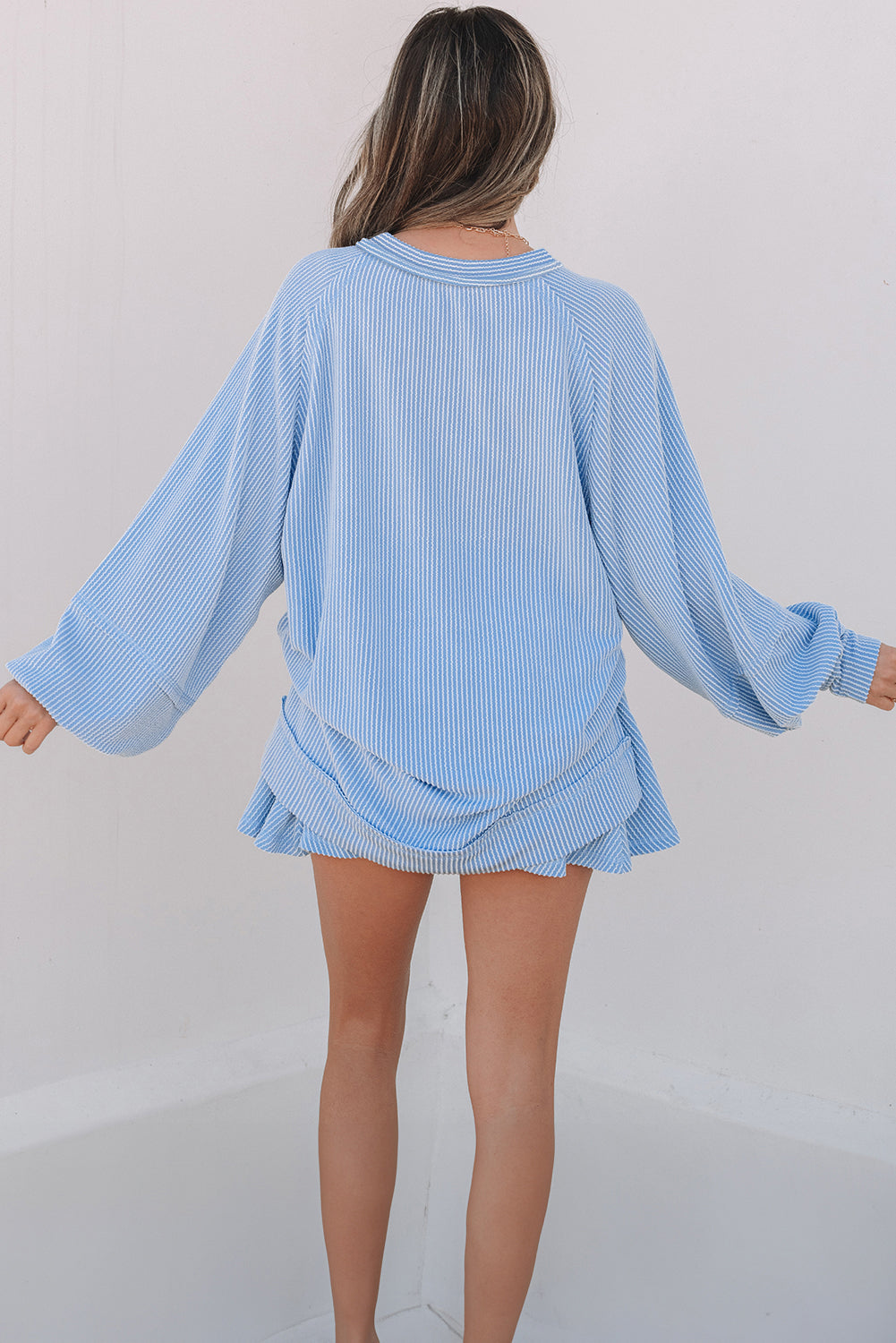 Sleeve Corded Lantern Top High-Waisted Ruffled Mini Skort Set in Sky Blue