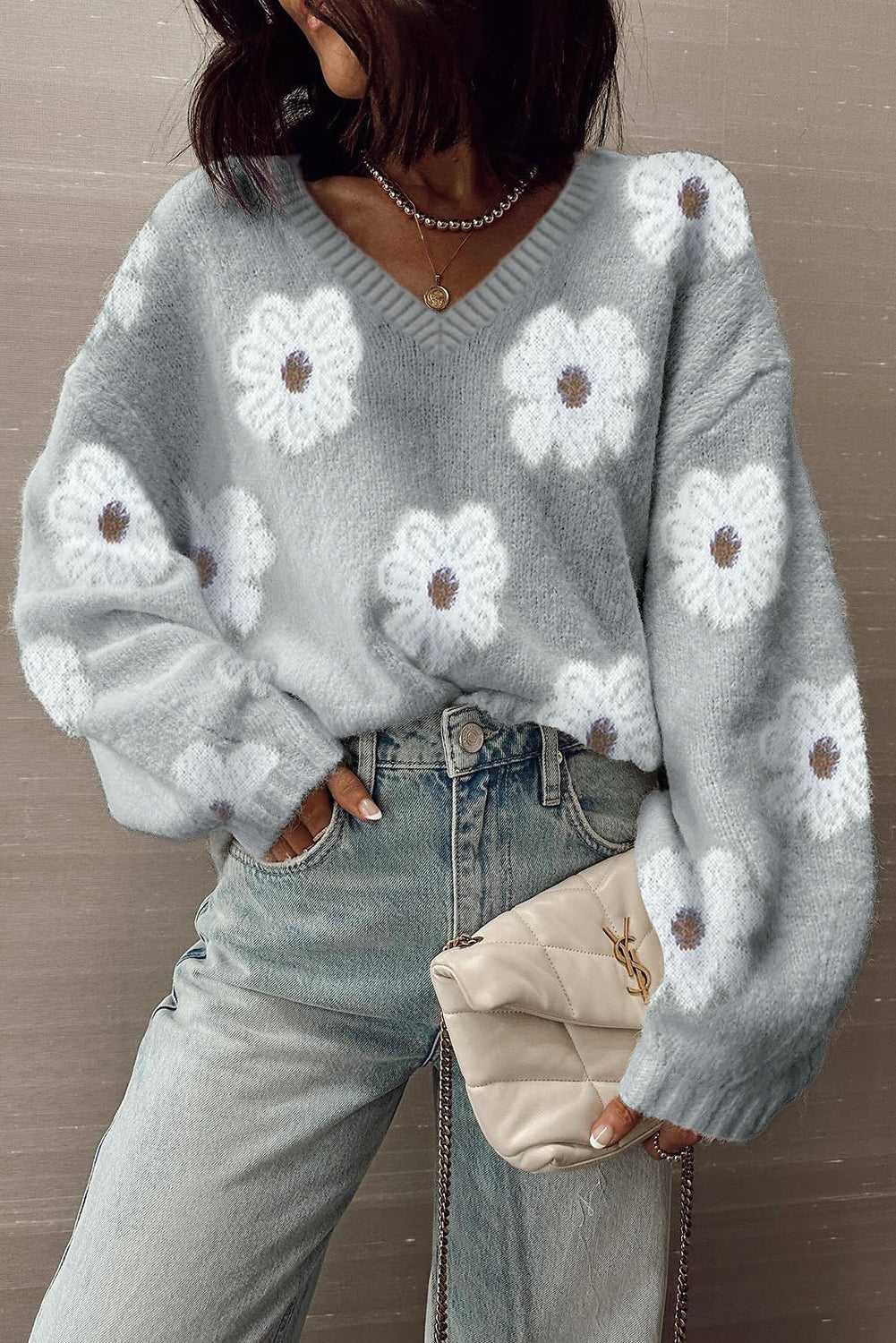 Print Cute Flower V-Neck Drop-Shoulder Baggy Knit Top
