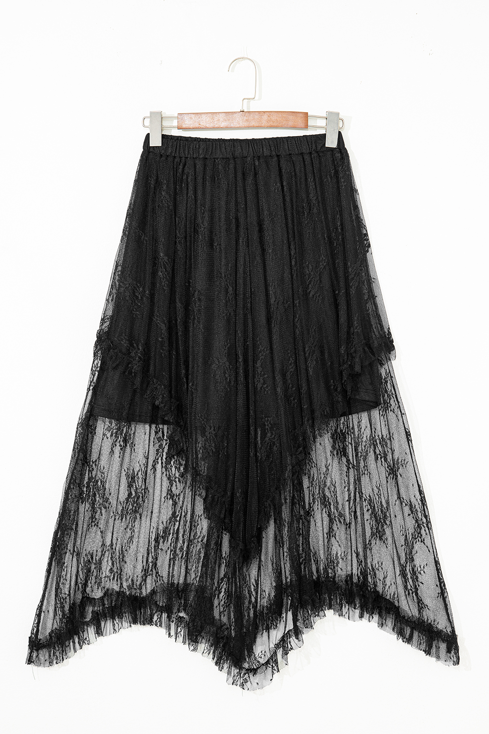 Lace High-Waisted Cascading Tiered Maxi Skirt in Black