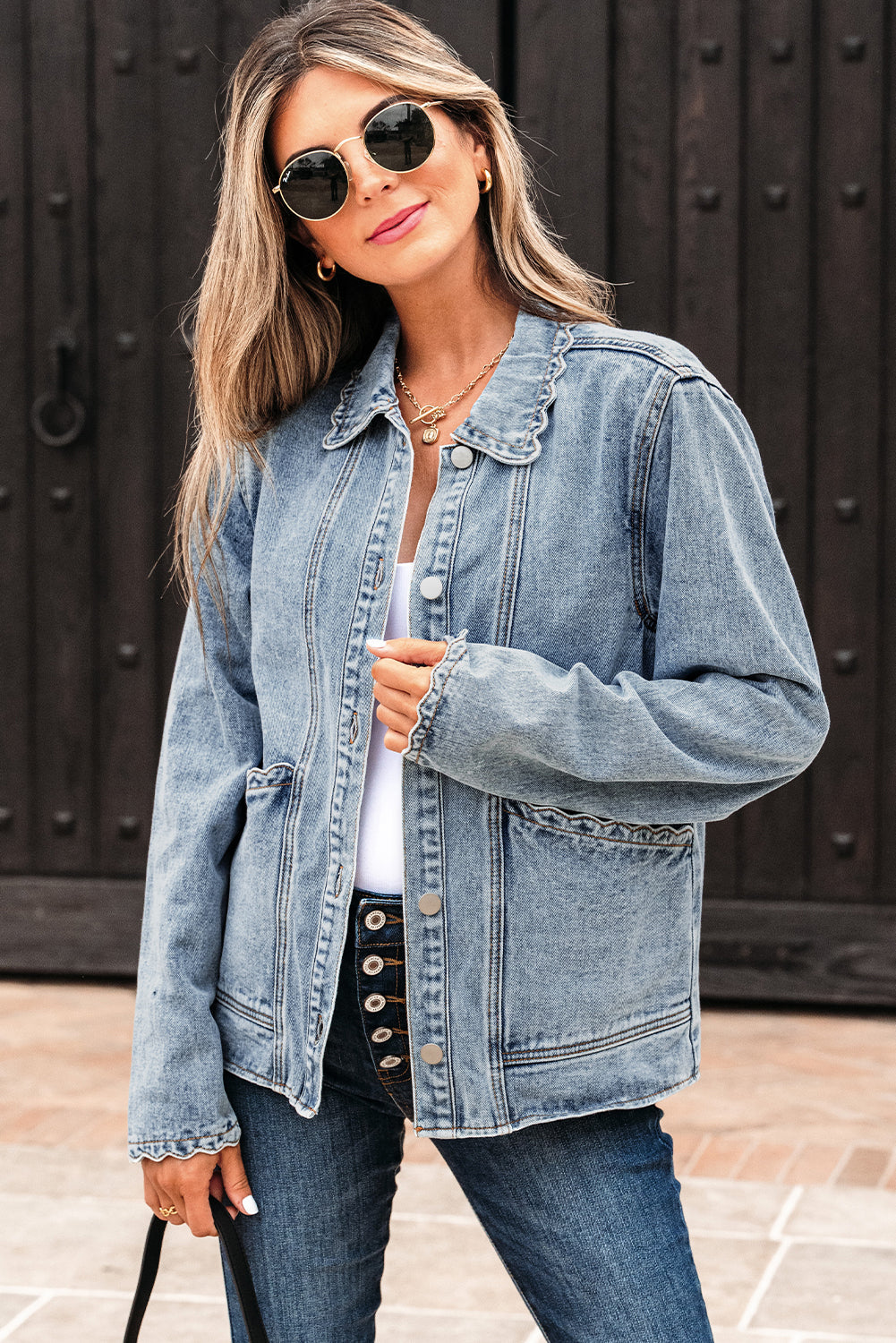 Scallop Patched Trim Collar Pocket Button-Front Denim Jacket