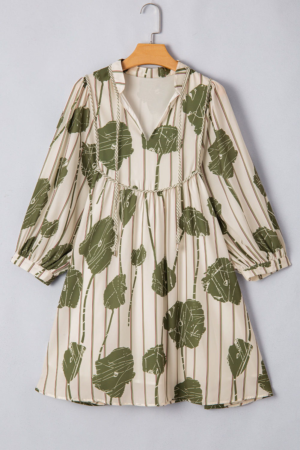 Floral Striped Print Contrast Piping Puff Sleeve Dress