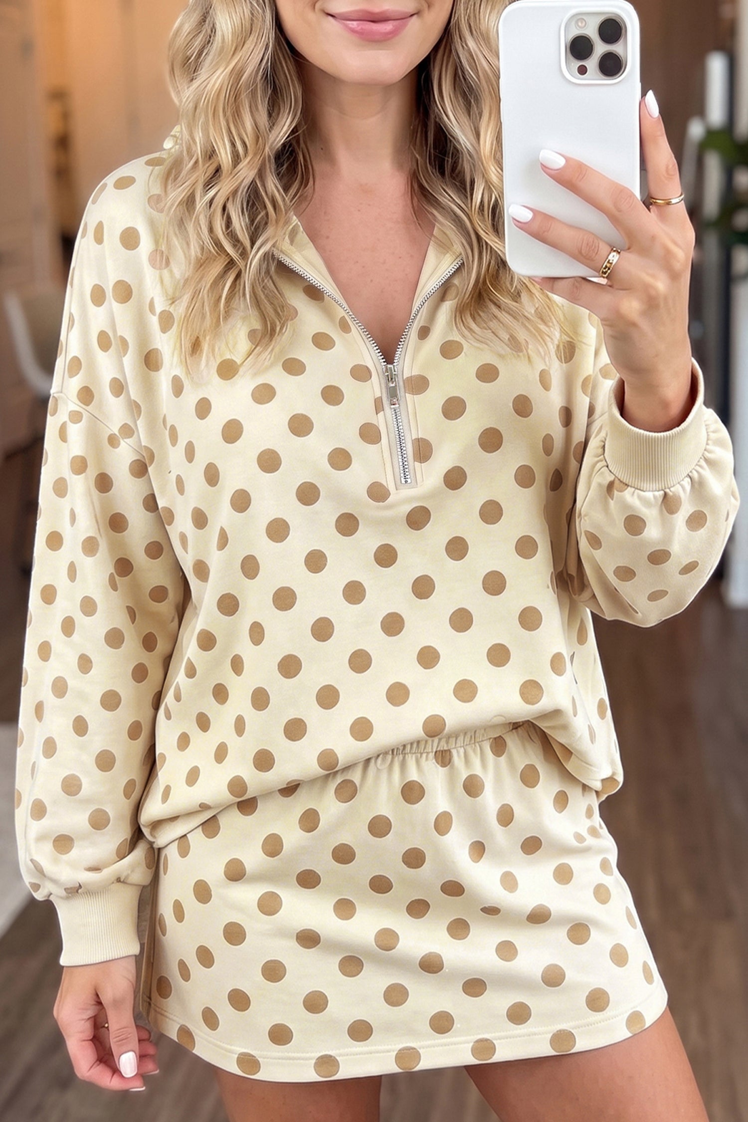 Polka-Dot Hooded Long-Sleeved Top Everyday Mini Skort Set in Khaki
