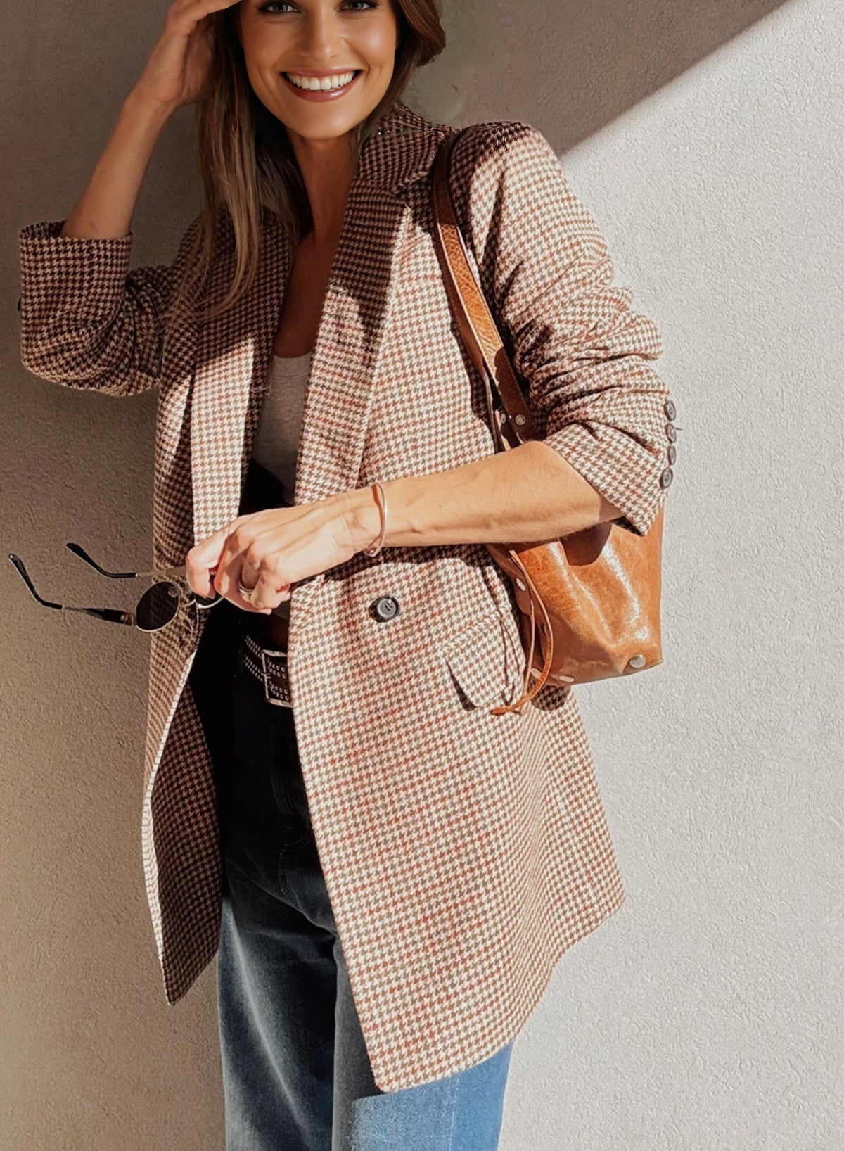 Houndstooth Lapel Collar Blazer in Brown
