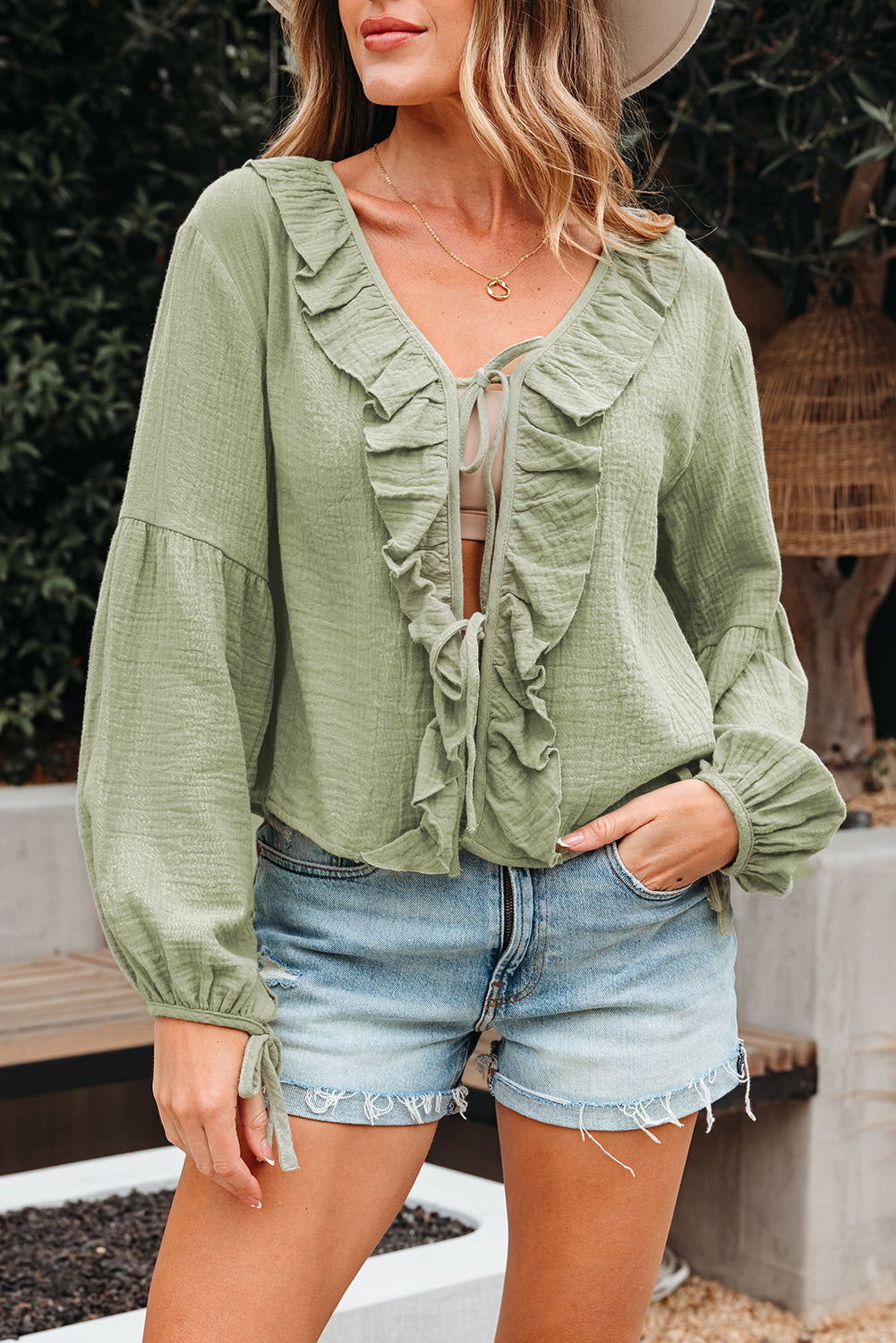 Bow Ruffle Tie Front Trim V-Neck Long-Sleeved Gauze Blouse