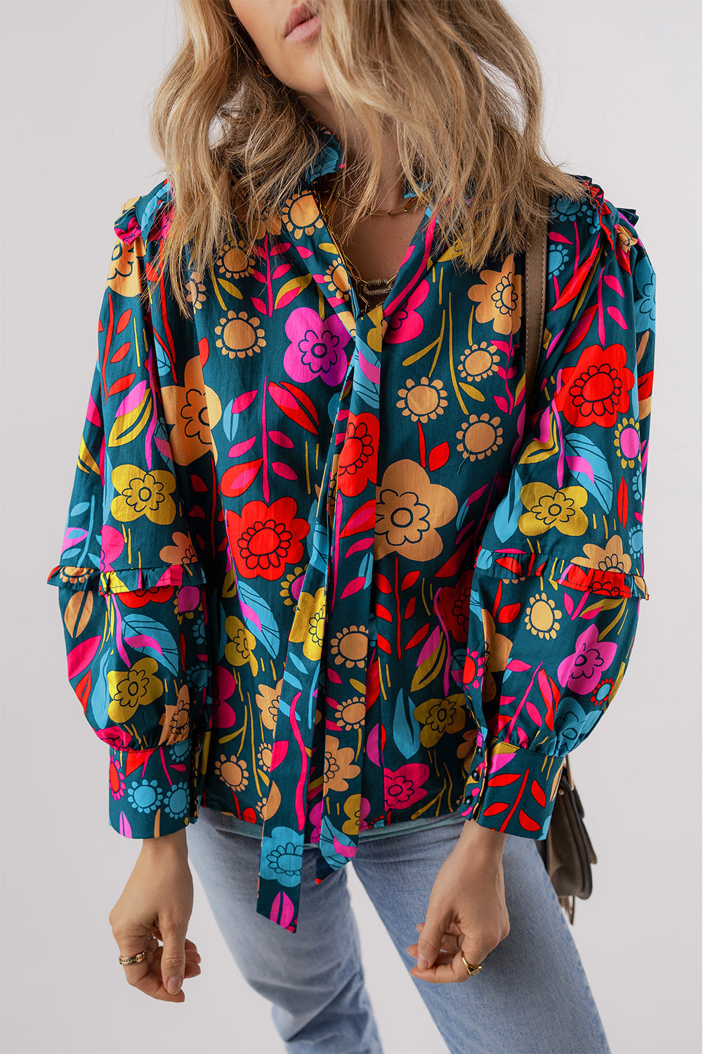 Women's Blouse Featuring Knot-Detail Split Neck Balloon Sleeve Floral-Print