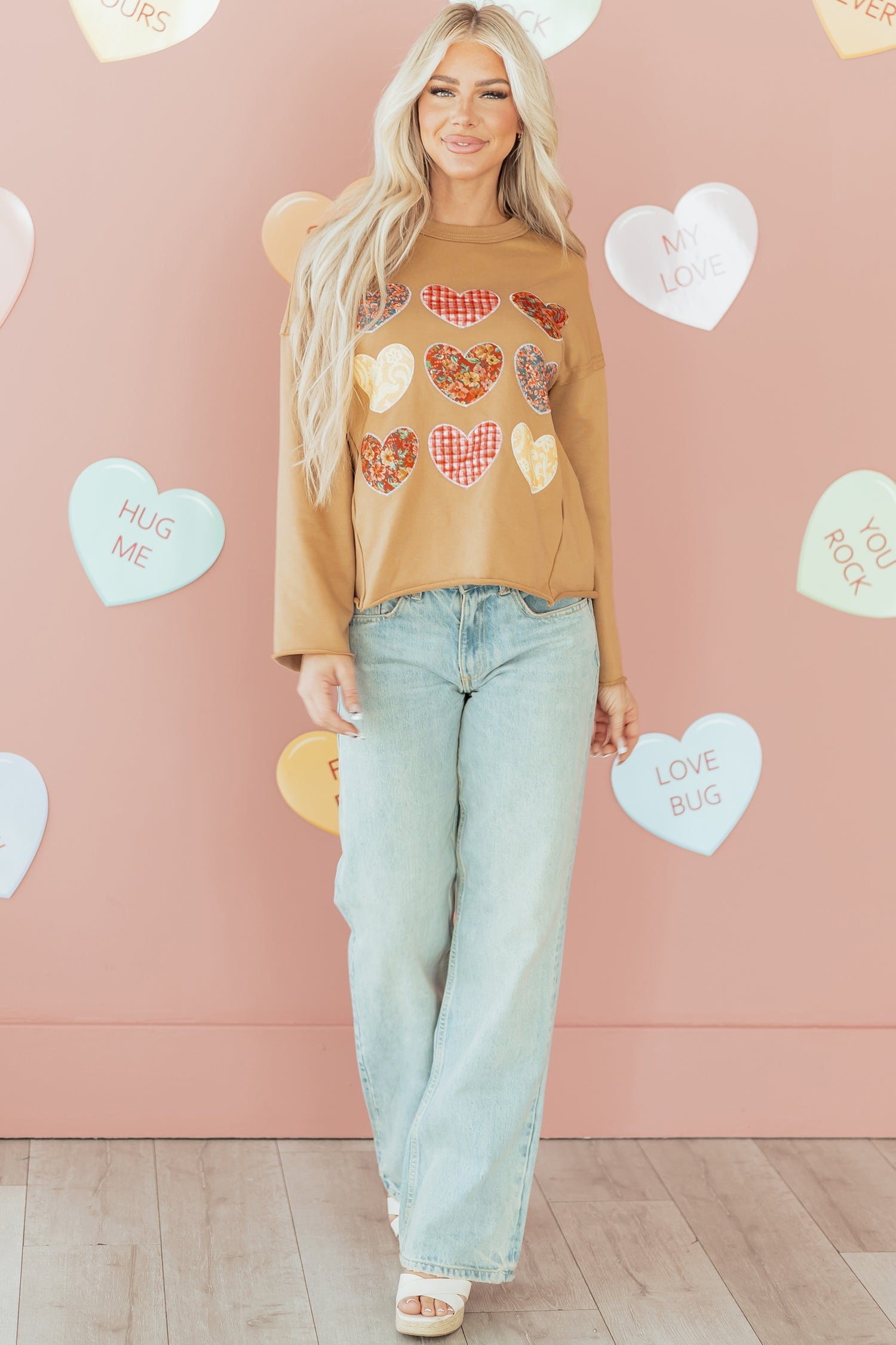 Plaid Floral Heart Stitched Exposed Seam Mineral Wash Sweatshirt