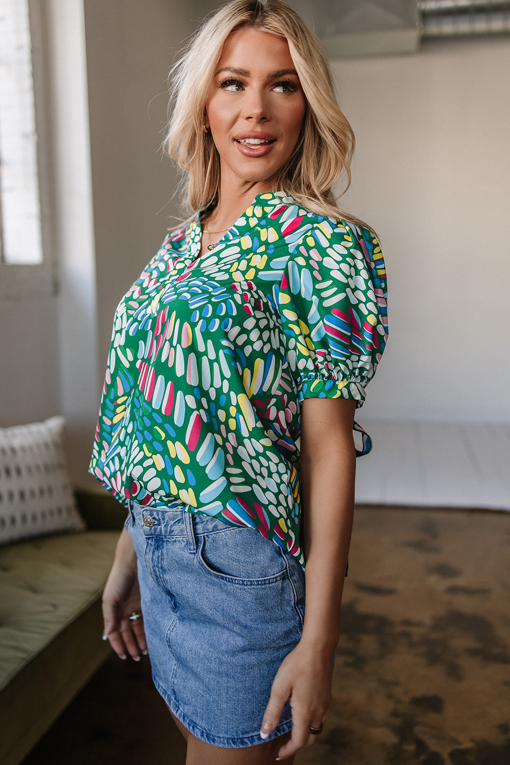 Brushwork Geometric Print Puff Sleeve Notched Neck Blouse