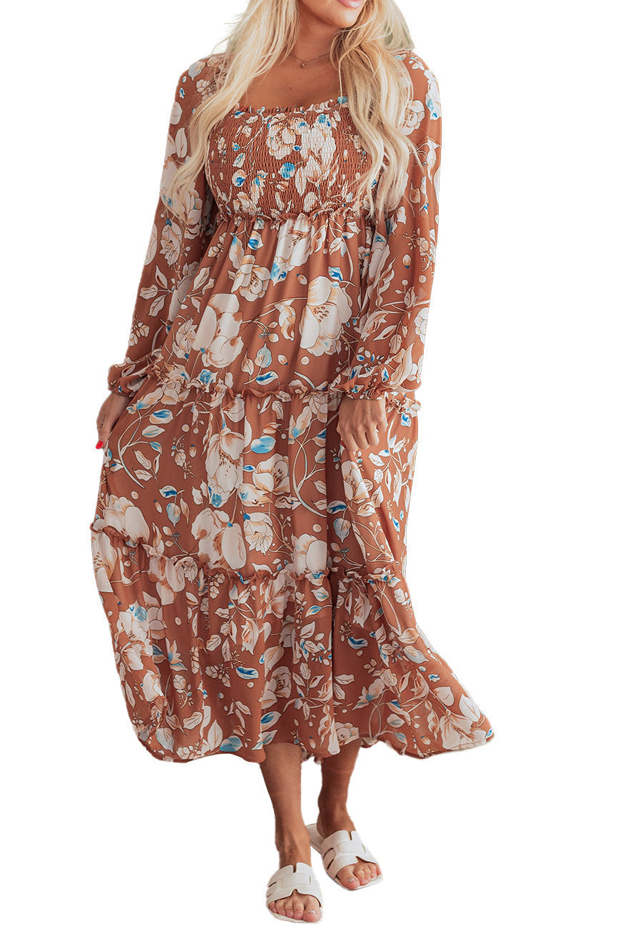 Floral Print Shirred Square Neck High Waist Maxi Dress