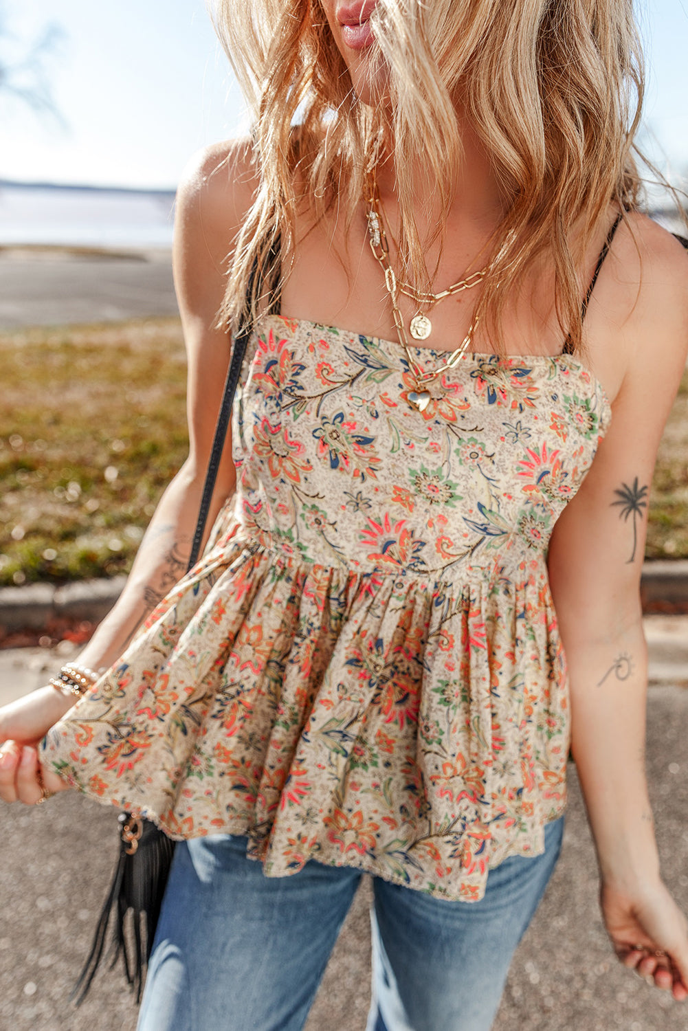 Floral Print Spaghetti Straps Ruffled Peplum Tank Top