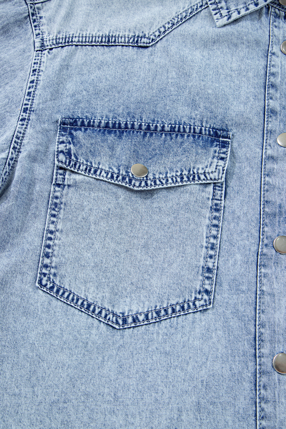 Chest Hem Pocket Raw Denim Loose Shirt Dress