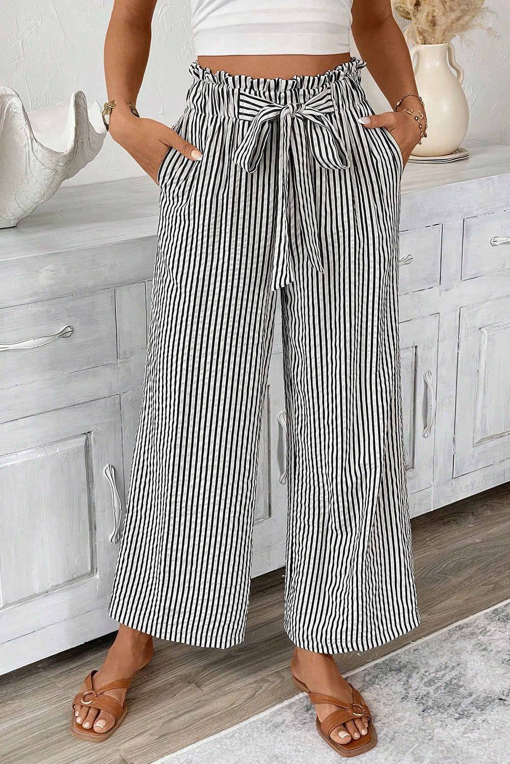 High-Waisted Stripe Tied Loose Straight Everyday Pants in Black