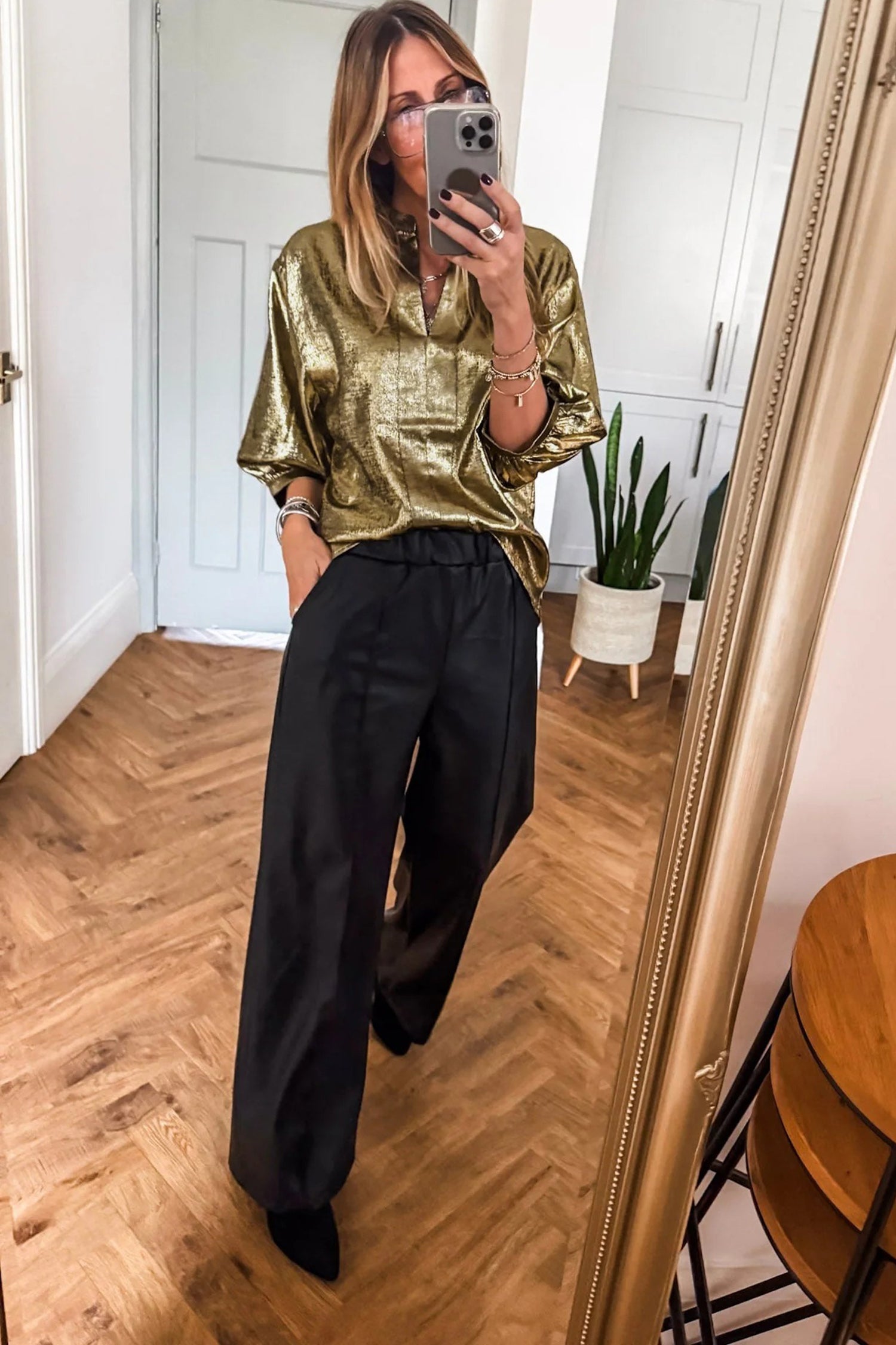 Metallic Half Split Neck Sleeve Blouse