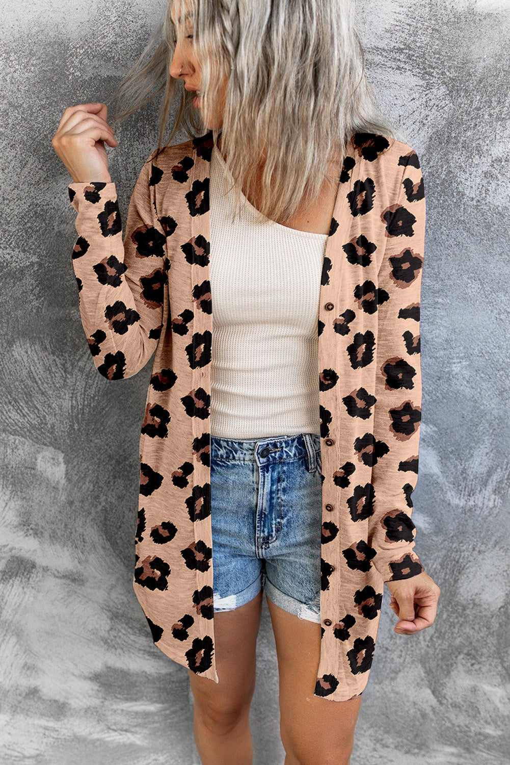 Women's Cardigan with Open Front Leopard-Print Printed
