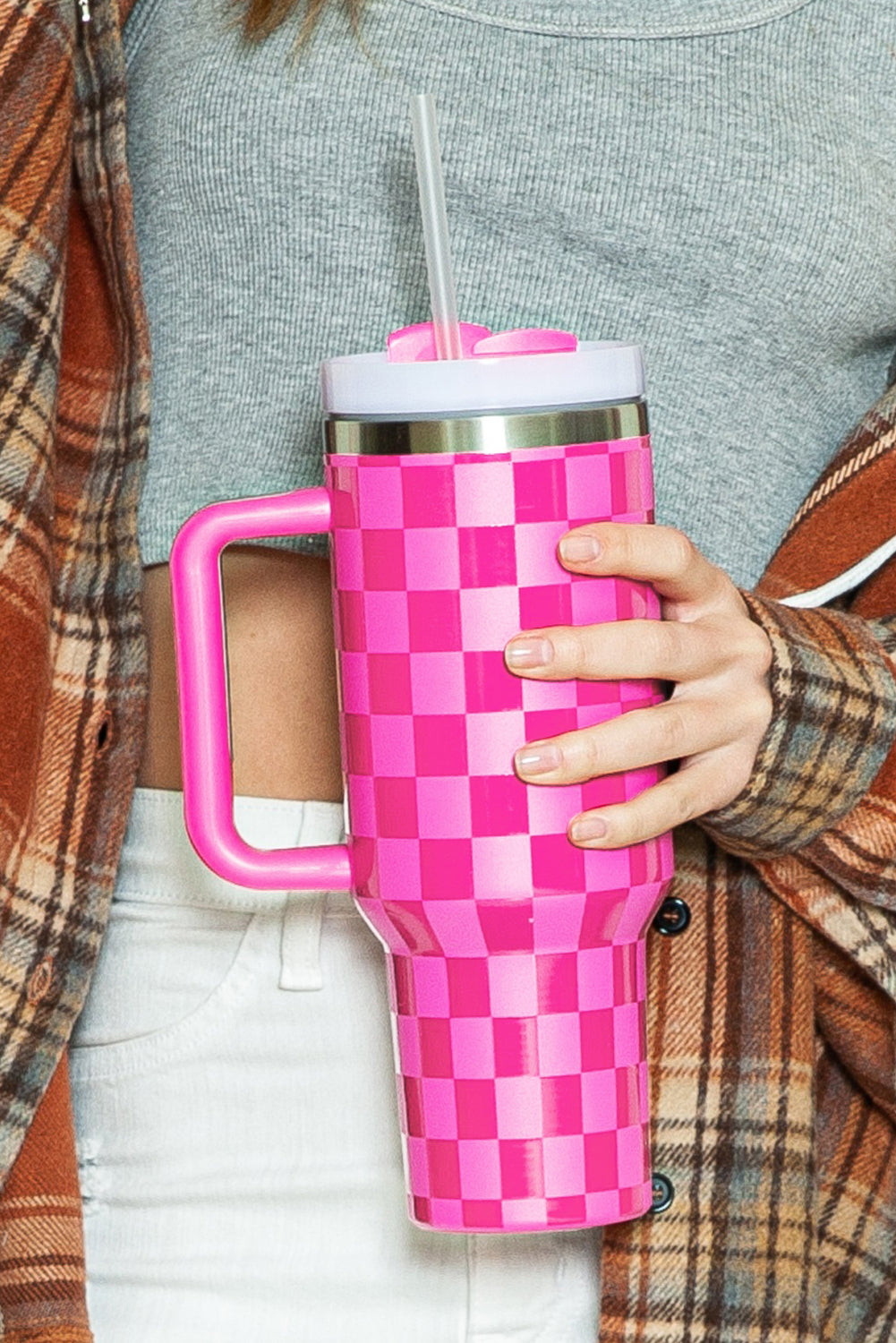 Handled Checkered Print Stainless Steel Tumbler Cup 40oz