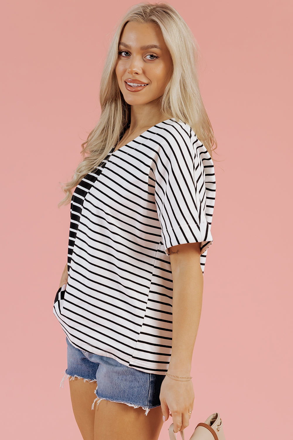 Two Tone Colorblock V Neck T Shirt