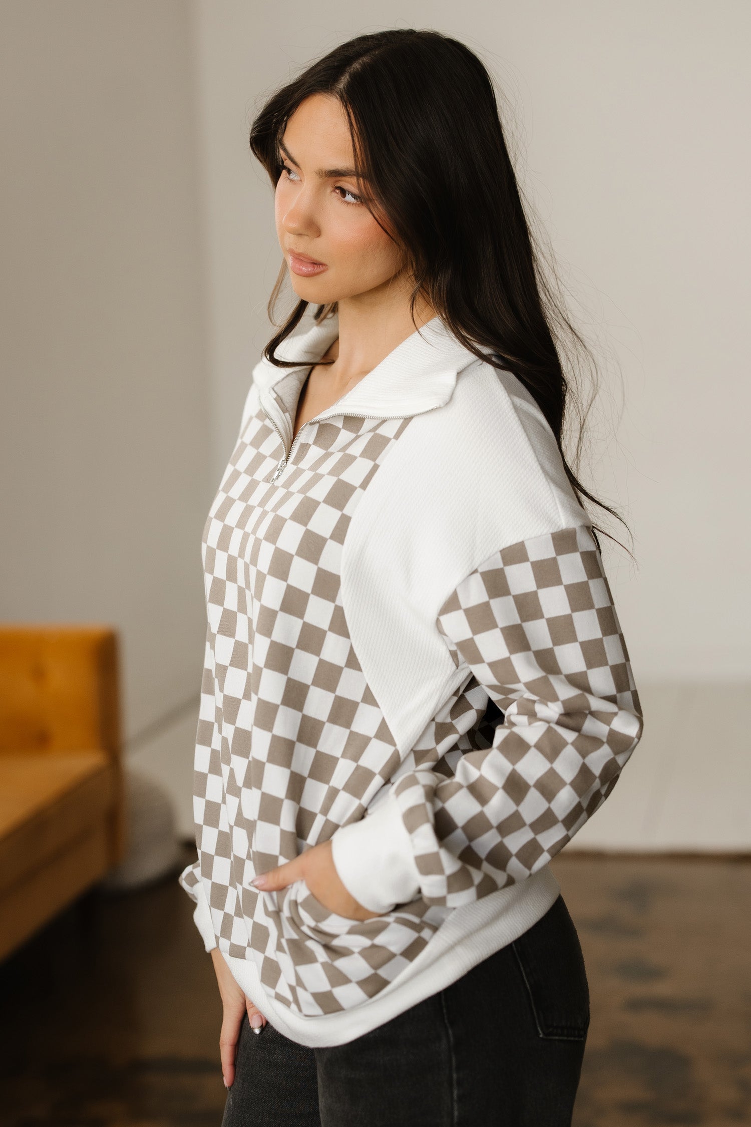 Quarter Patchwork Zip Rib-Knit Loose Sweatshirt