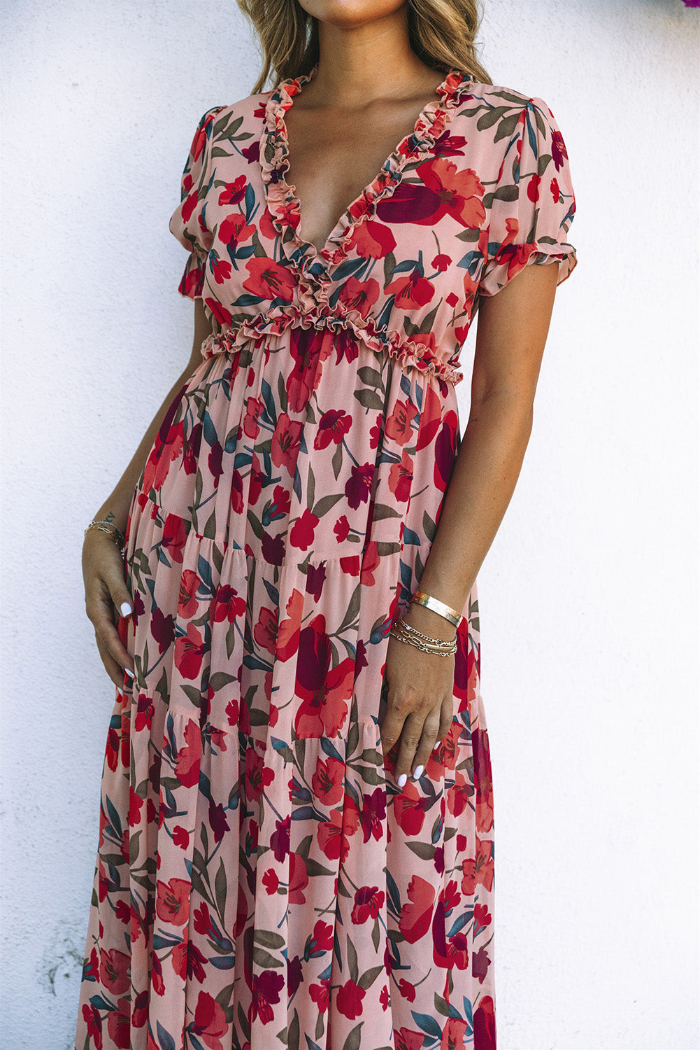V-Neck Floral-Print Frilled Short-Sleeved Maxi Dress in Red