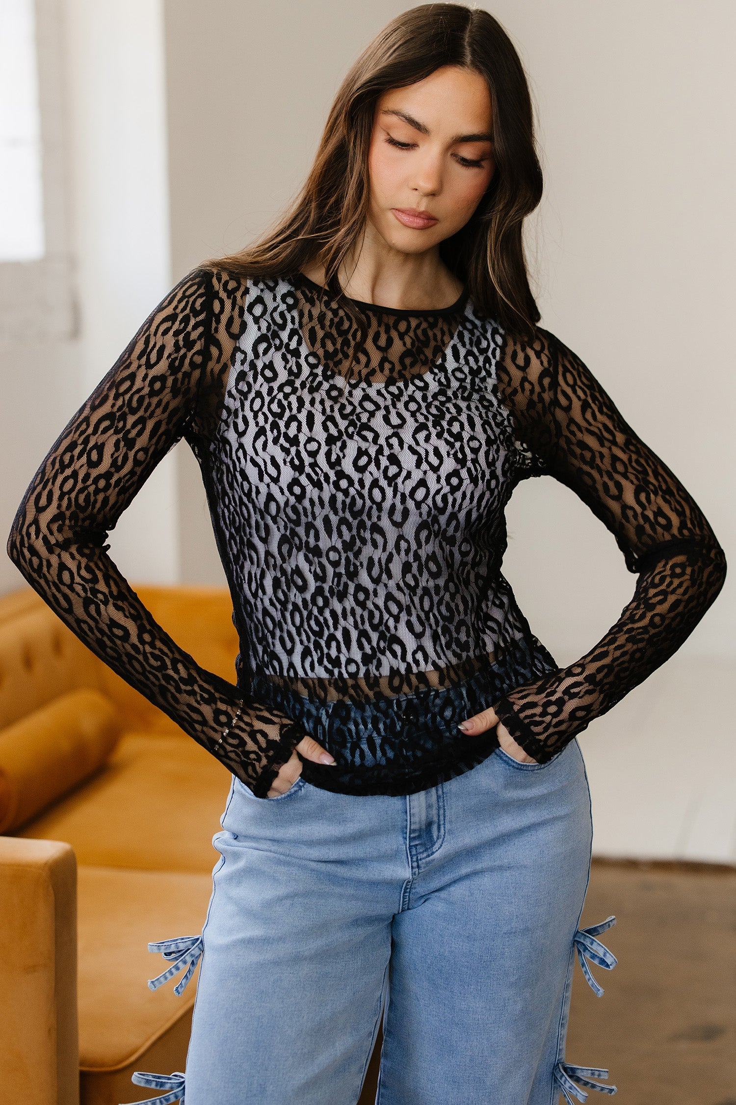 Pattern Sheer Leopard Sheer Mesh Long-Sleeved Top